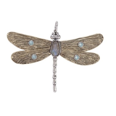 Waxing Poetic Transformative Dragonfly Pendant - Brass,SS,Labradorite, Pacific Opal Swarovski