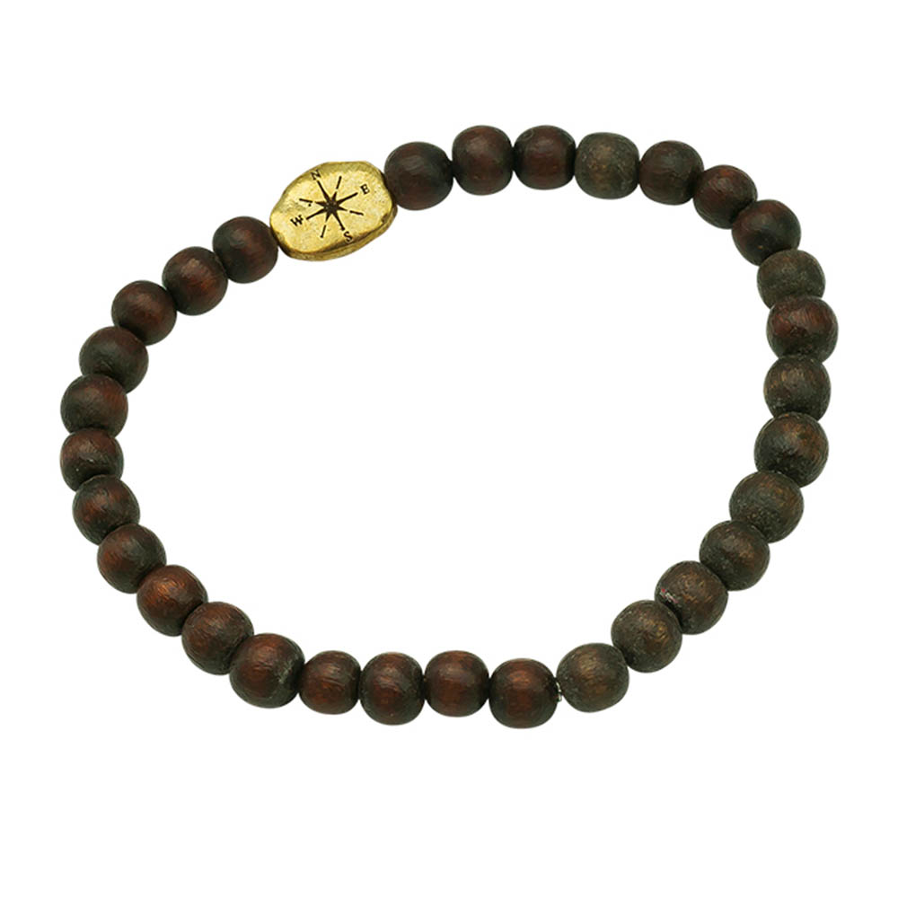 Waxing Poetic Compass Beaded Stretch Bracelet - Brass and Wood  - Small