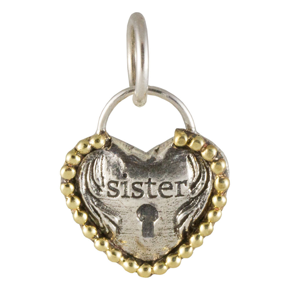 Waxing Poetic Heartlock Charm - Sister - Sterling Silver and Brass